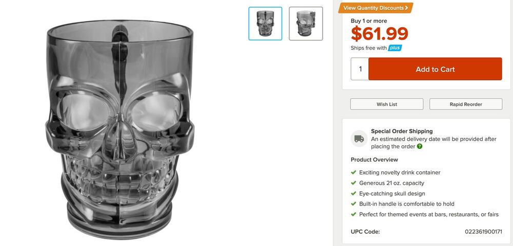 Seasonal Visions Ltd Halloween Smoky Gray Translucent Plastic Skull Mug Pitcher
